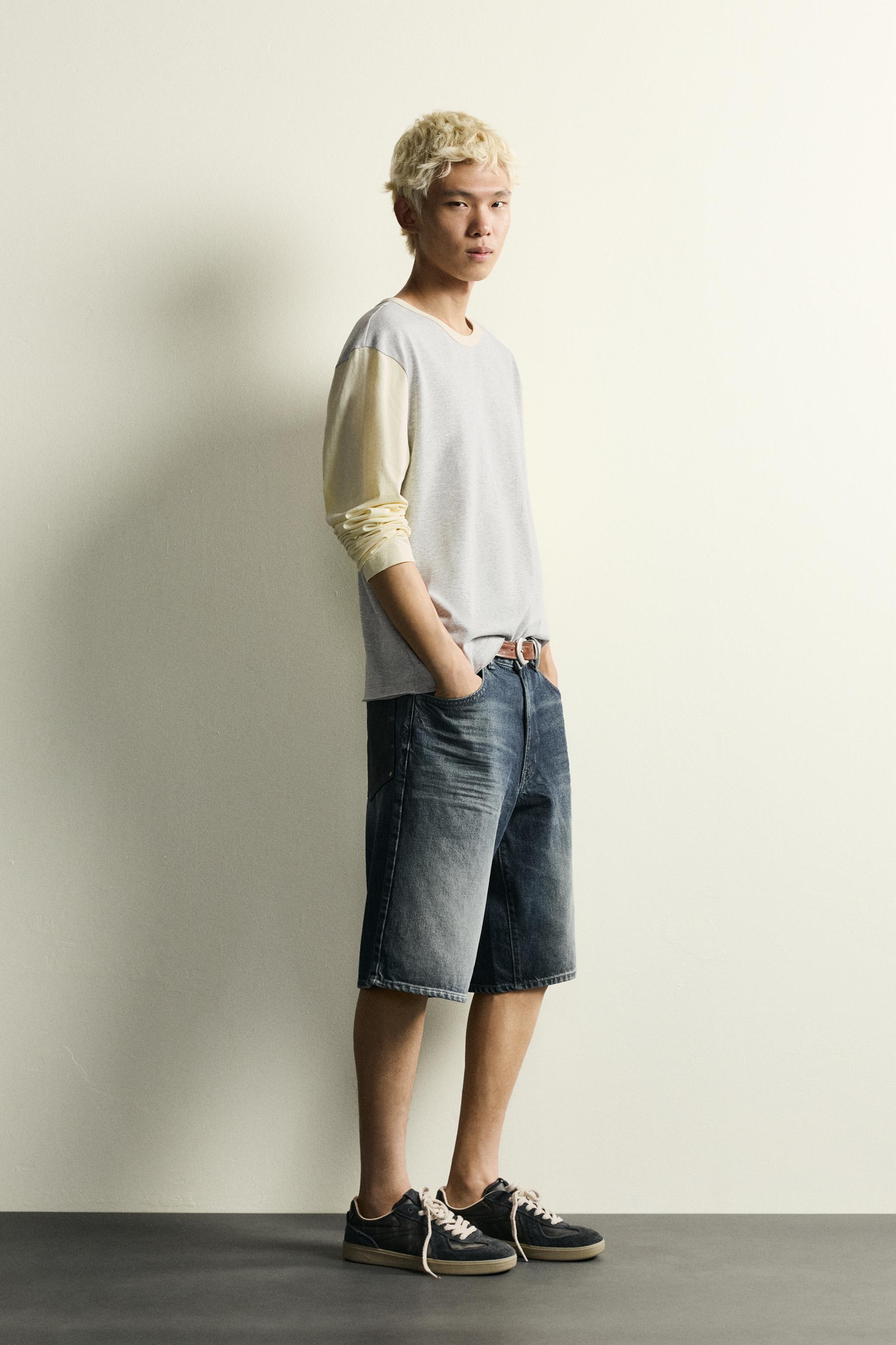 BERMUDA BAGGY EN JEAN À POCHES CUIR